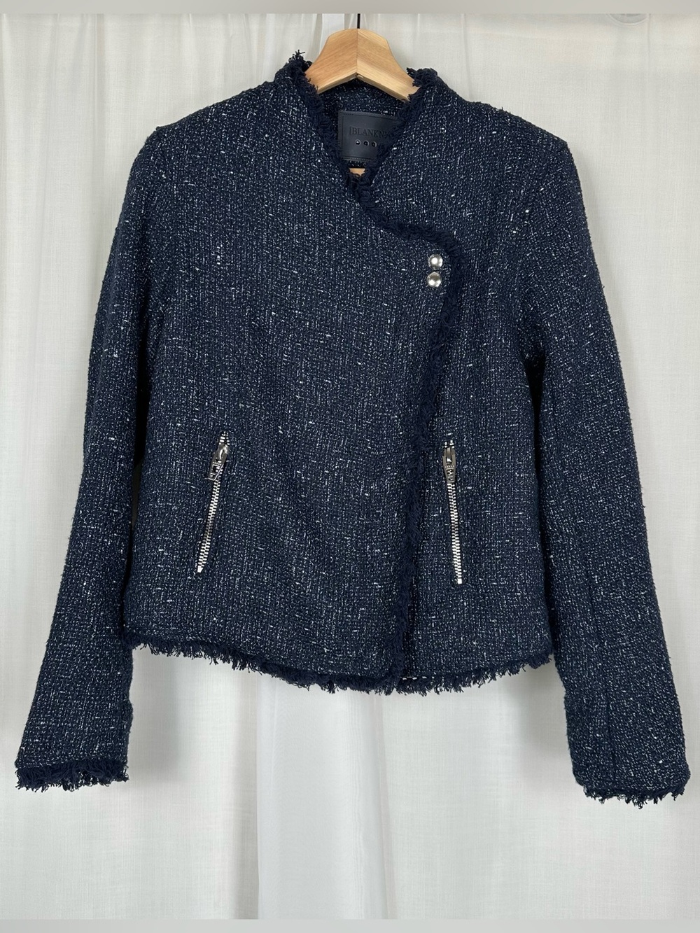 NWT BLANKNYC Spring Tweed Moto Jacket Navy Blue Fringe Trim Evereve Biker Coat M